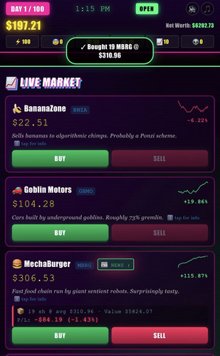 Wacky Wall Street game market screen